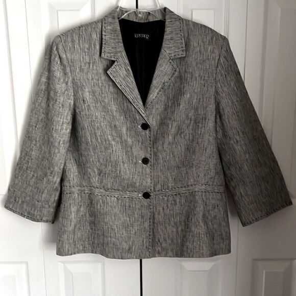 ‎KASPER 100% LINEN GREY/BLACK 3/4 SLEEVE BLAZER SIZE 18 - Picture 1 of 13